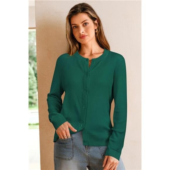 Women's Wool Blended Cardigan Sweaters Lightweight Green - Picture 4 of 6